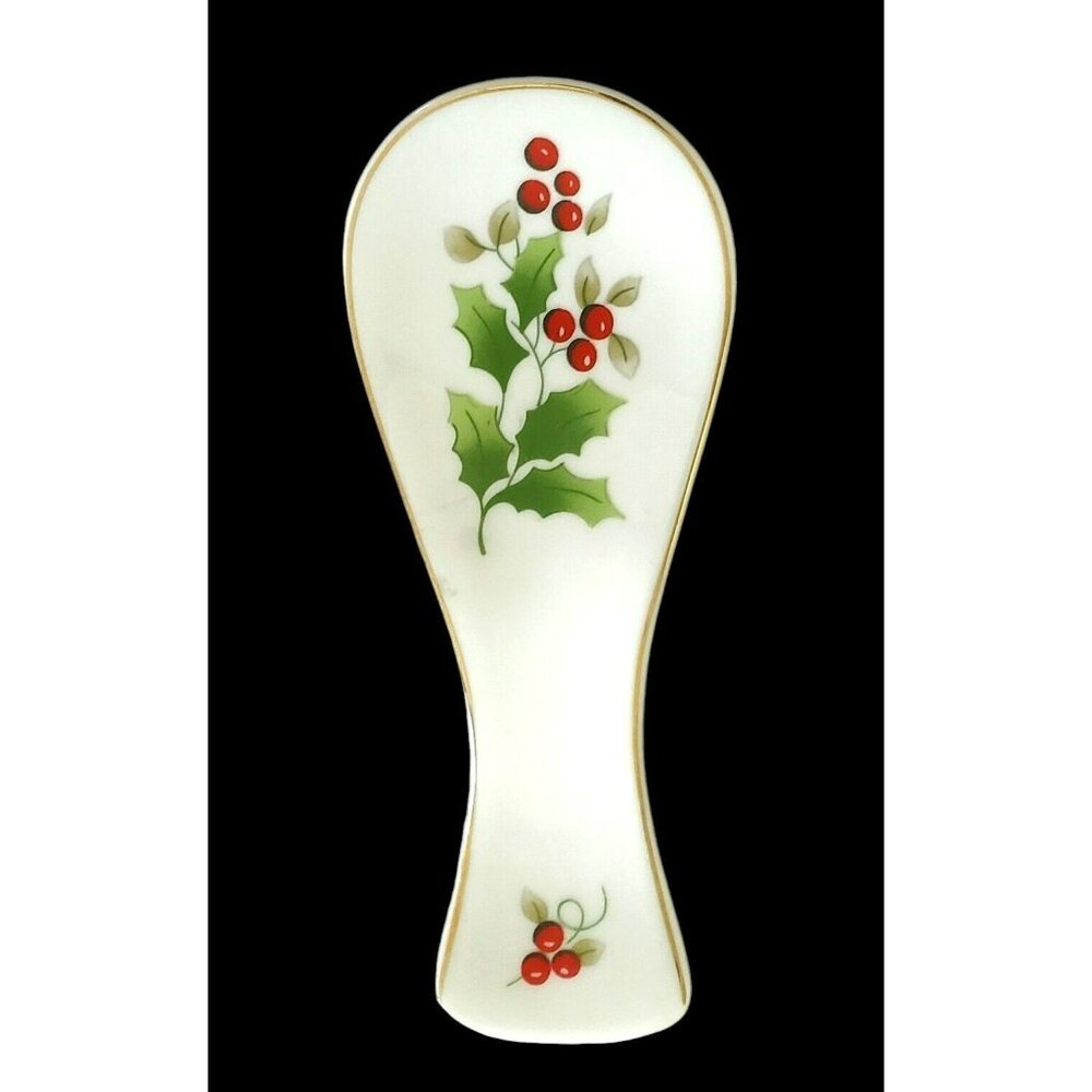 Royal Norfolk Holly & Berries Spoon Rest Gold Trim Christmas Holiday Porcelain
